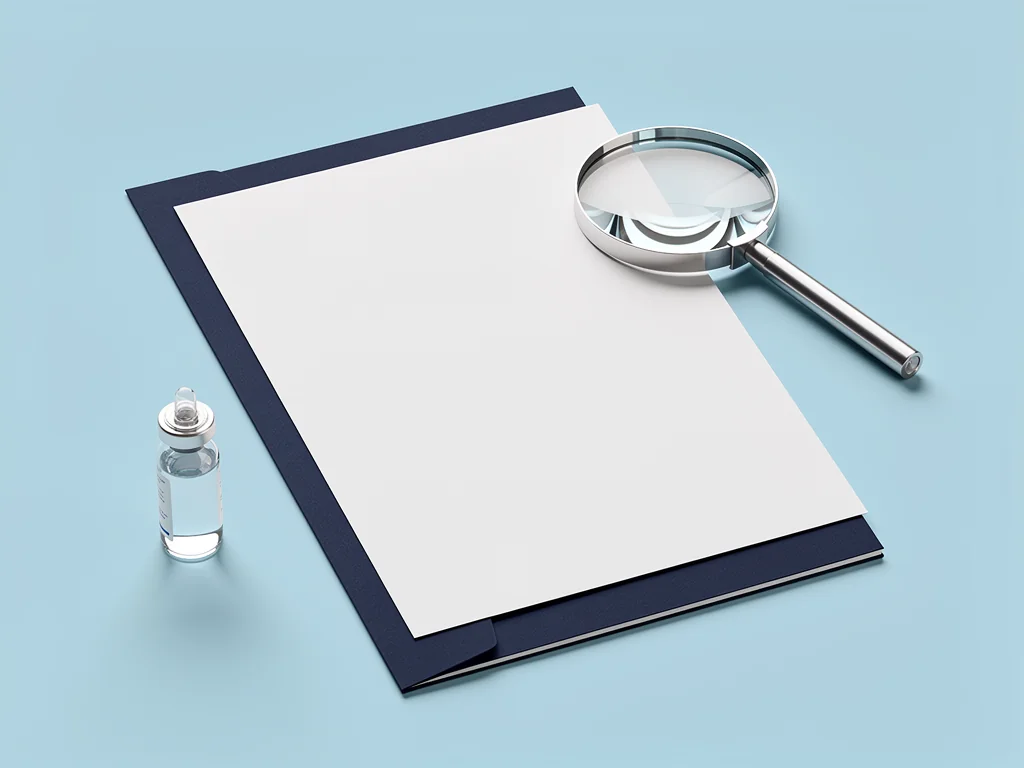 Blank source sheet, glass magnifier and unbranded vial