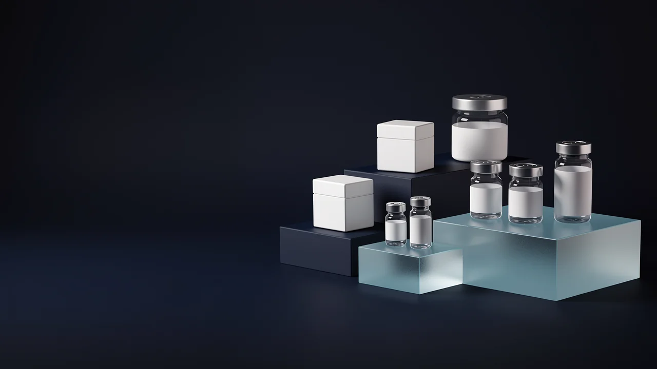 Conceptual arrangement of unbranded research supply boxes and glass containers