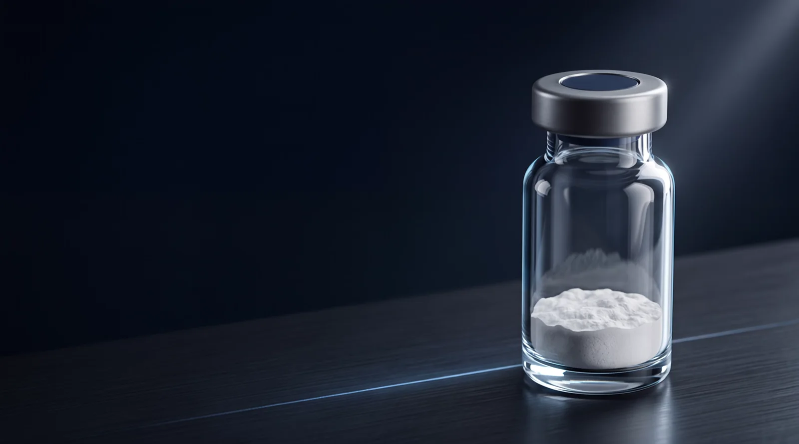 Illustrative unbranded research vial in a precision-lit studio